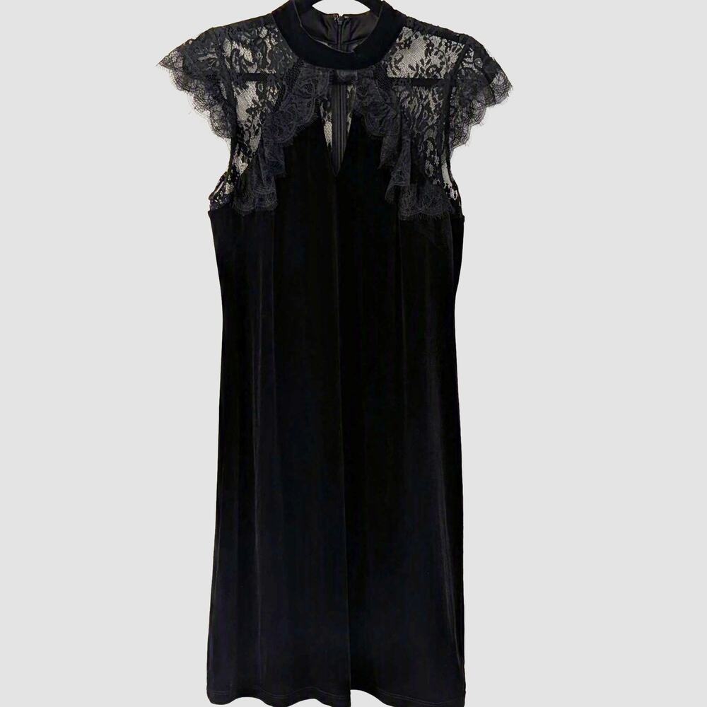 WHBM Black Velvet Lace Cocktail Dress 10 Holiday Party Mock Neck